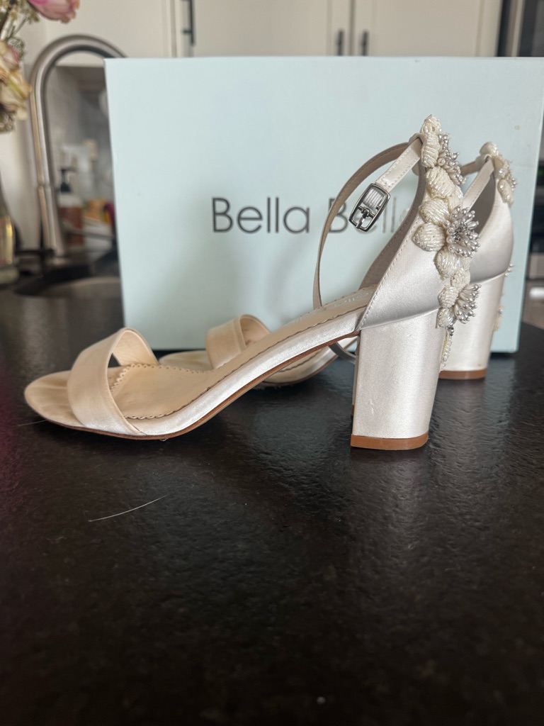 Bella Belle Ivory Satin Block Heels With Floral Embellished Ankle Strap